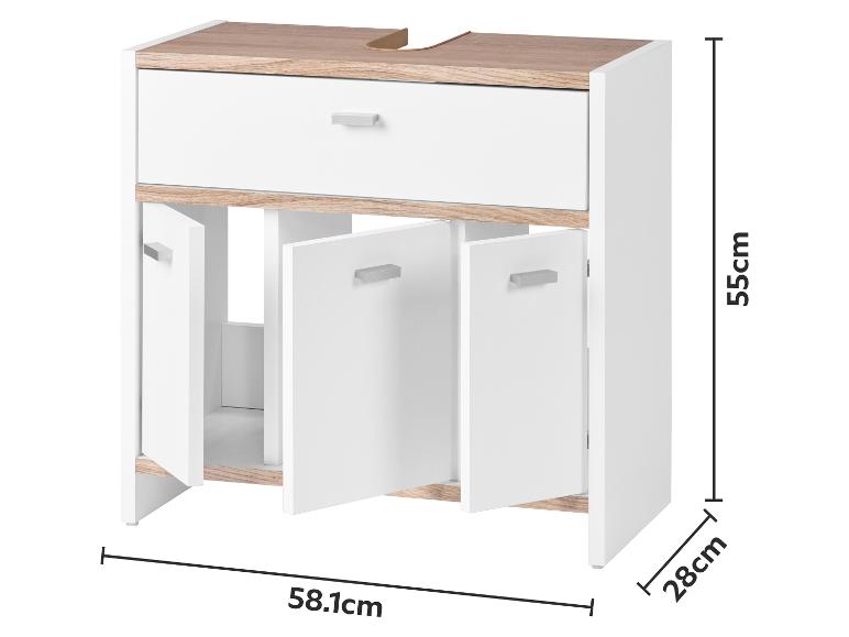 Weißer und holzfarbener Waschtischunterschrank mit Schublade und Türen, Maße 55x58.1x28cm.