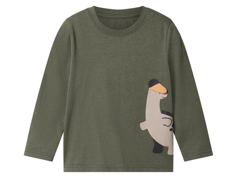 Kinder Langarm-T-Shirt in Olivgrün mit Dinosaurier-Grafik, der einen Hut trägt