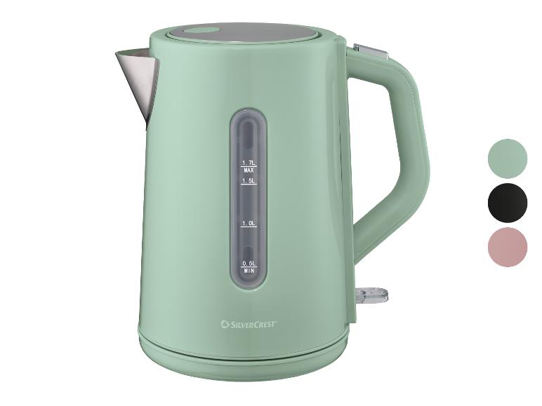 Mintgrüner Wasserkocher mit Wasserstandsanzeige und Farboptionen.