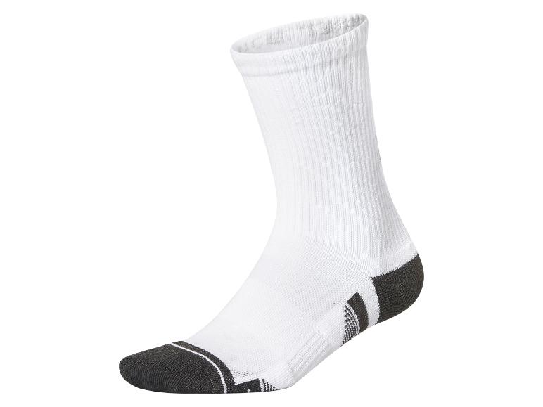 Ein weißer Kniestrumpf mit dunkelgrauen Akzenten an Zehen und Ferse.