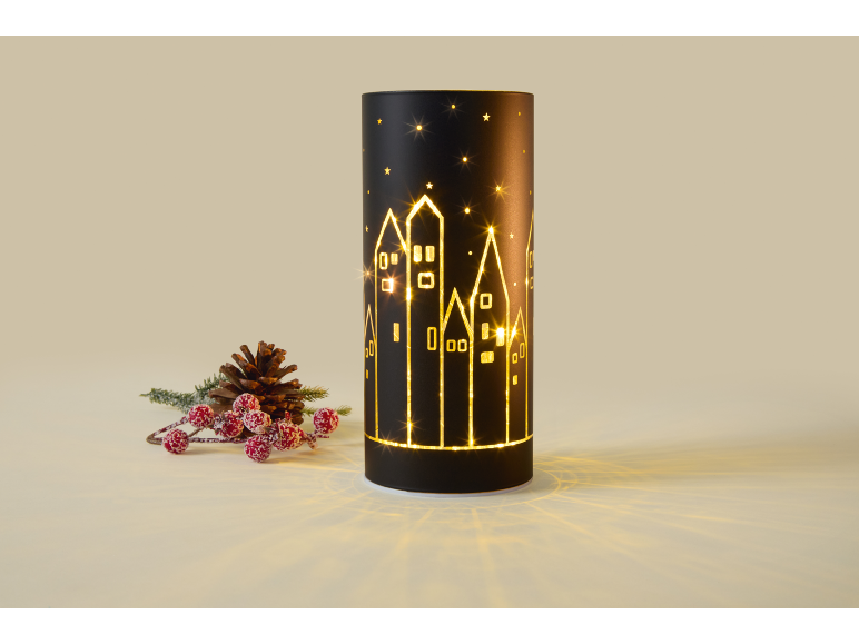 Dekorativer LED-Leuchtzylinder mit Winterstadt-Motiv und Weihnachtsdekoration