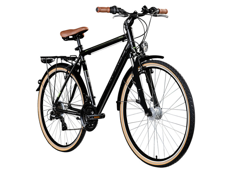 Ein schwarzes Citybike mit braunen Griffen.
