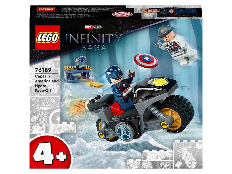 Lego Marvel Infinity Saga Set mit Captain America auf einem Motorrad.