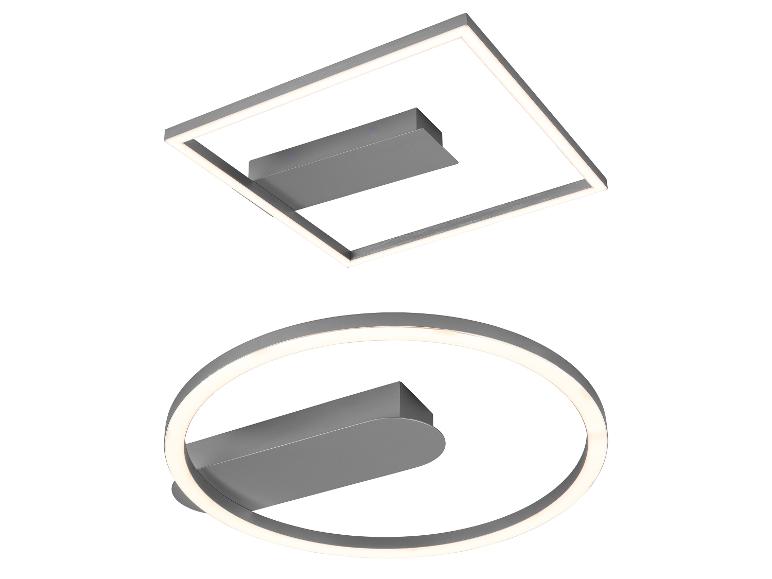 Zwei moderne LED-Deckenleuchten: eine quadratische und eine runde, in Silber.