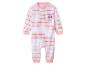 Gestreifter Baby-Strampler in Rosa und Gelb mit Minnie-Maus-Motiv.