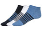 Drei Paar Socken mit blauen Streifen.