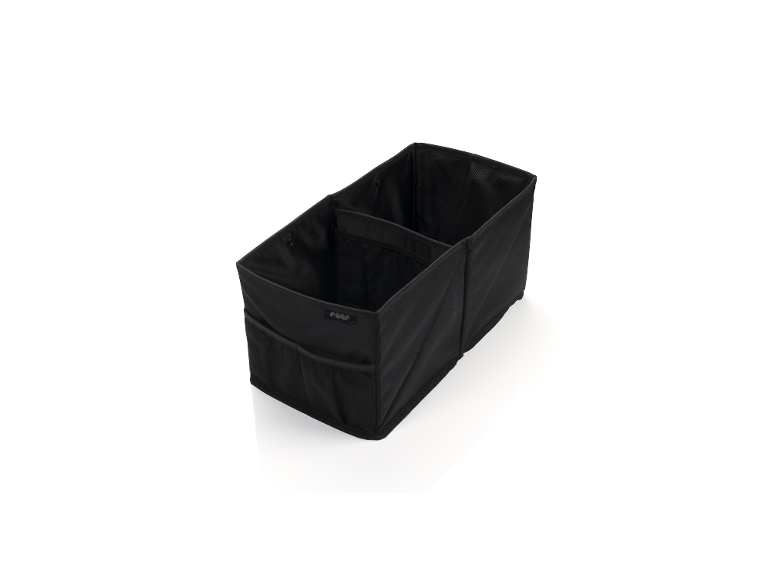 Schwarzer Auto-Organizer mit Fächern und Seitentaschen.