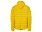Gelbe gesteppte Jacke mit Kapuze.