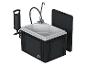 Tragbares Campingwaschbecken mit Handpumpe, Wasserhahn und schwarzer Aufbewahrungsbox.