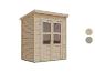 Holz-Gartenschuppen mit Doppeltüren und Fenstern, mit Pultdach.