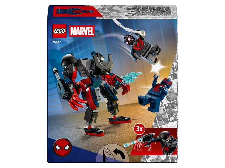 Lego Set 76337 mit einem rot-schwarzen Roboter und Spider-Man-Figuren.