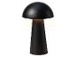 Schwarze pilzförmige Tischlampe mit Touch-Schalter, die warmes Licht ausstrahlt.