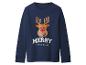 Dunkelblaues Langarmshirt mit Rentierkopf und dem Schriftzug „MERRY CHRISTMAS“.