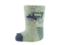 Weiße Babysocke mit blauem Traktor, blauer Spitze und Ferse.