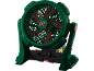 Grün-roter Werkstattventilator mit schwarzem Sockel und roten Details.