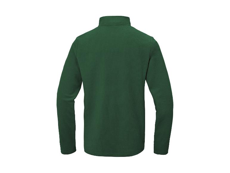 Dunkelgrünes Langarm-Fleece-Oberteil mit Stehkragen, Rückansicht.