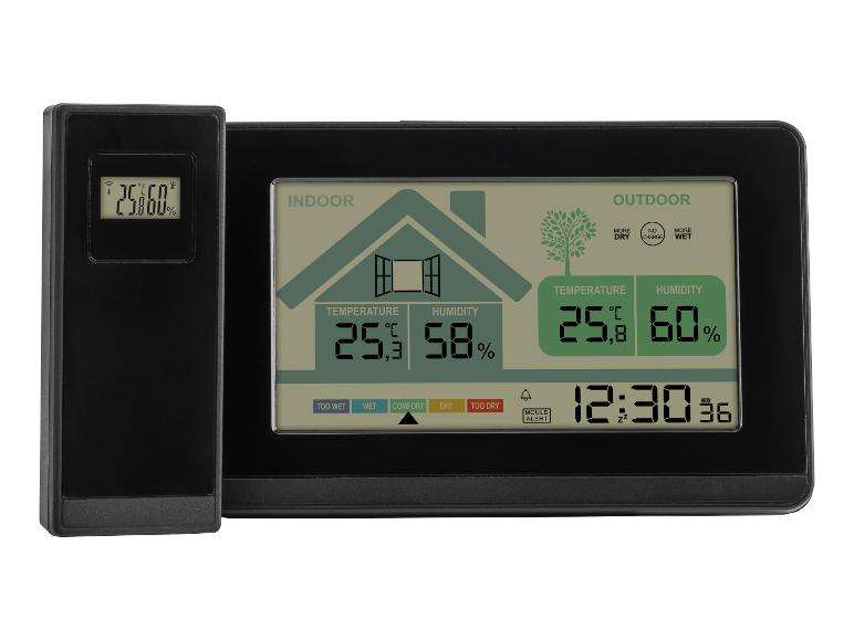 Digitales Thermo-Hygrometer mit Display, das Innen- und Außentemperatur, Luftfeuchtigkeit und Uhrzeit anzeigt.