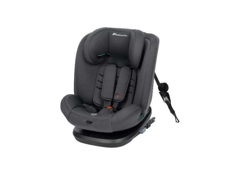 Dunkelgrauer Kindersitz mit Fünfpunktgurt und verstellbarer Kopfstütze.
