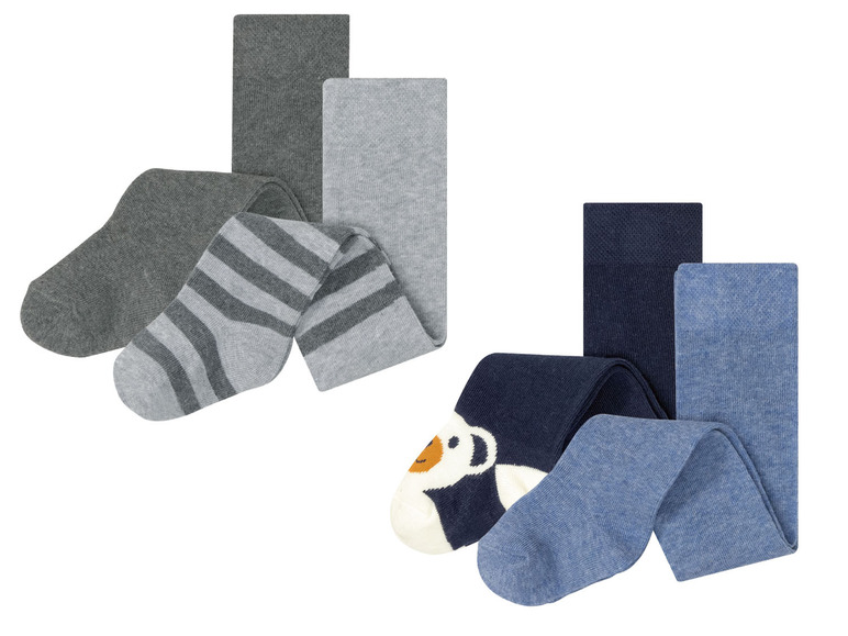 Zwei Paar Baby-Strumpfhosen, ein graues Paar mit Streifen und ein blaues Paar mit einem Bären-Druck.