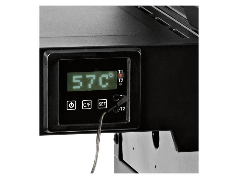 Digitales Thermometerdisplay zeigt 57°C, mit Ein-/Aus-, C/F- und SET-Tasten