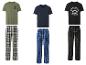 Drei Herren-Pyjama-Sets in verschiedenen Farben und Mustern, darunter ein Power Pacific-Design.