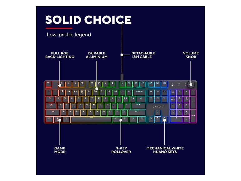 Gaming-Tastatur mit RGB-Hintergrundbeleuchtung, abnehmbarem Kabel, Lautstärkeregler und mechanischen Tasten.