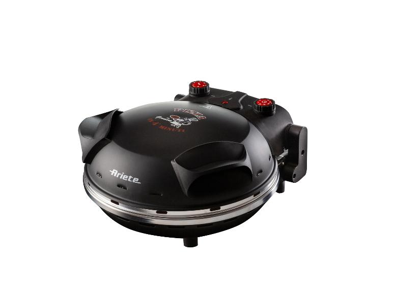 Schwarzer Pizzaofen mit roten Drehknöpfen und Text