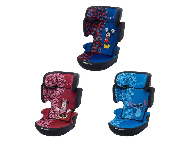 Drei Kindersitze mit Mickey Maus, Minnie Maus und Stitch Motiven.