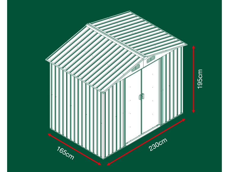 Metall-Gartenhaus mit Pultdach und Maßen 165x230x195cm.