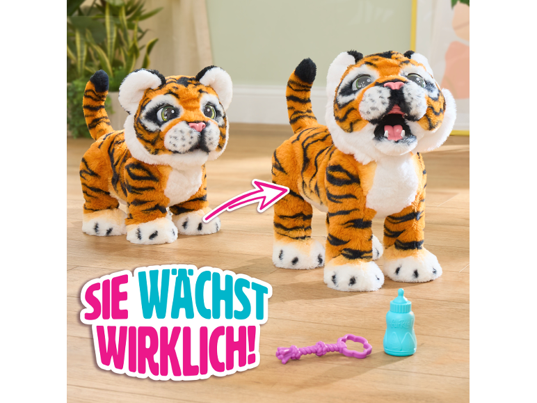 Interaktives Spielzeug-Tigerbaby, das wächst, mit Fläschchen und Spielzeug.