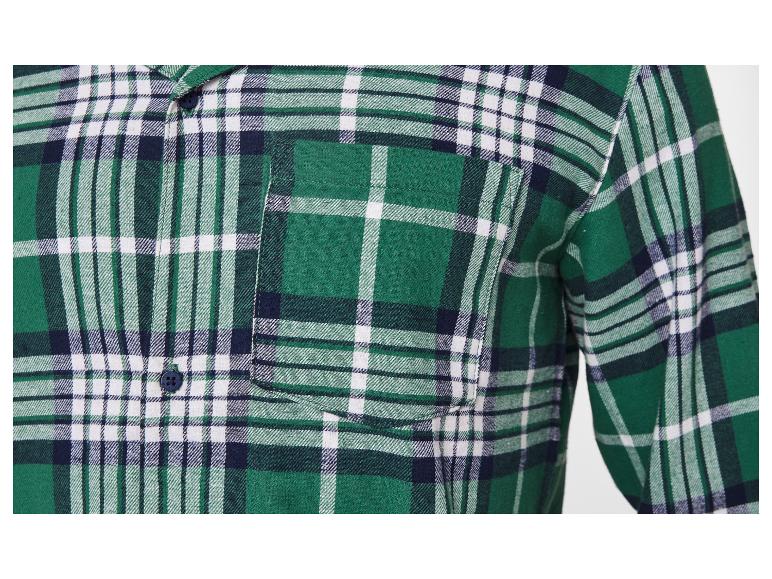 Grün, weiß und marineblau kariertes Hemd mit Brusttasche und Knopfdetails.