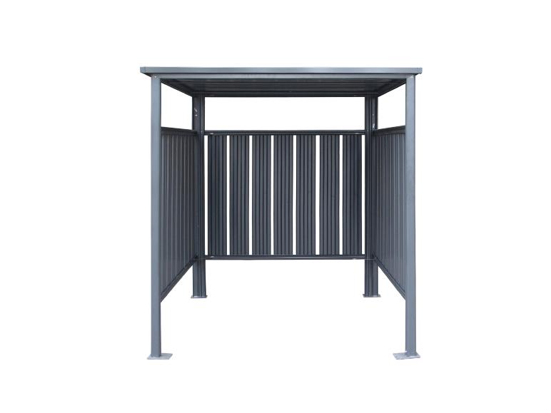 Dunkelgrauer Metall-Gartenschuppen mit Lamellenwänden und offener Vorderseite