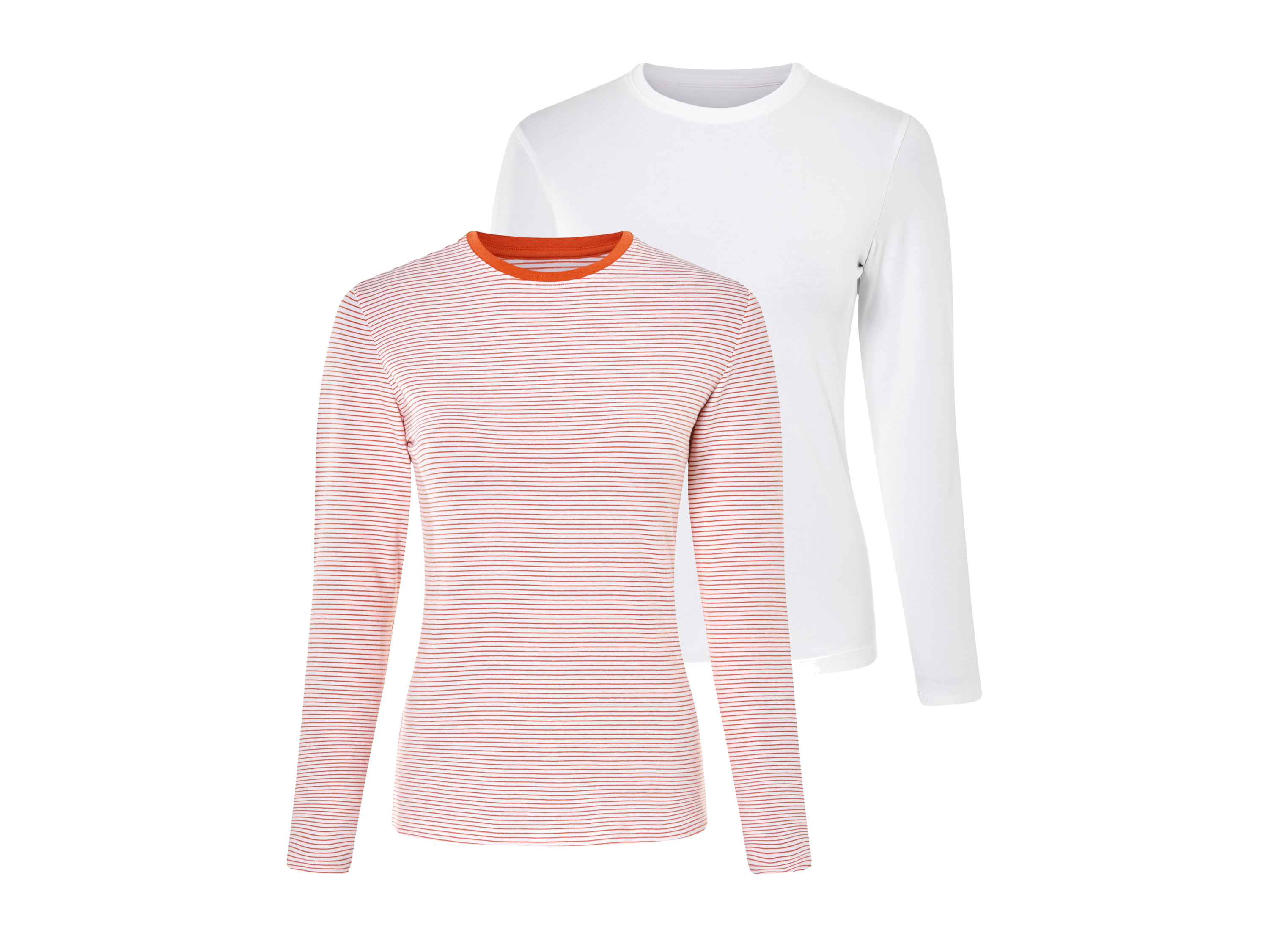 esmara® Damen Langarmshirt 2er (weiß/weiß orange gestreift, XS(32/34))““ | weiß/weiß orange gestreift Muster: navy/weiß: gestreift Detail: aus Stretchjersey Schnitt: figurbetont Ausschnitt: Rundhalsausschnitt Multipack: 2 Stück Material: Baumwolle Bio, 5 % Elasthan Lycra® Pflegehinweis: waschen bei max. 40 °C nicht bleichen nicht im Wäschetrockner trocknen bügeln bis 150 °C Stufe 2. Dampfbügeleisen kann verwendet werden nicht trockenreinigen Größe: XS 32/34 – L 44/46 Meine Lidl-Größe – so einfach gehts Deine Größe findest du in der Lidl-Größentabelle . Oeko-Tex® Standard 100 Geprüft auf Schadstoffe Zertifizierungsnummer: 20.Hbd.19038 Hohenstein Htti Standard 100 by Oeko-Tex® ist die weltweit bekannteste, unabhängige Zertifizierung schadstoffgeprüfter Textil- und Lederprodukte aller Art – vom Garn und den Stoffen bis hin zum gebrauchsfertigen Artikel. Das Label bestätigt