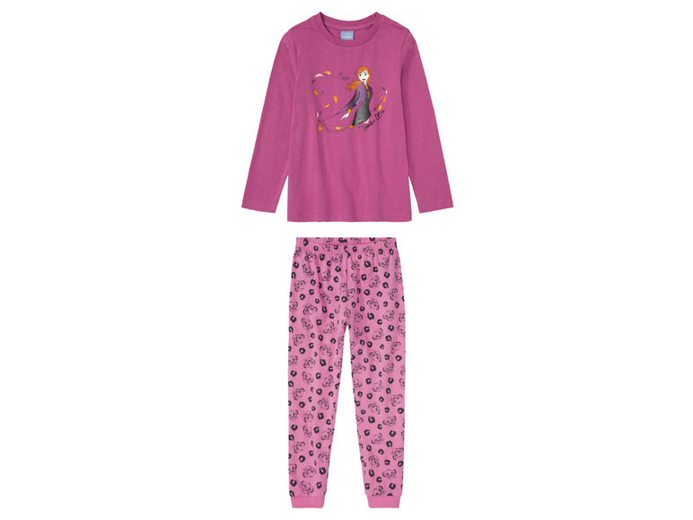 Rosa Pyjama mit Frozen-Motiv und Leopardenmuster.