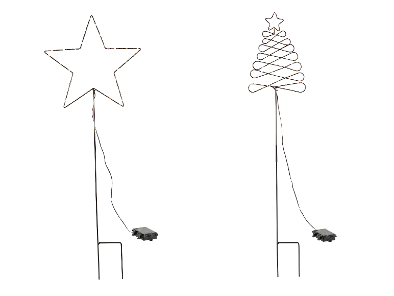 Zwei solarbetriebene LED-Gartenstecker: einer sternförmig und einer als Weihnachtsbaum.