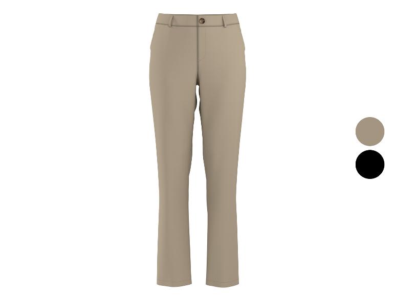 Beige Hose mit braunem Knopf, erhältlich in Beige und Schwarz.