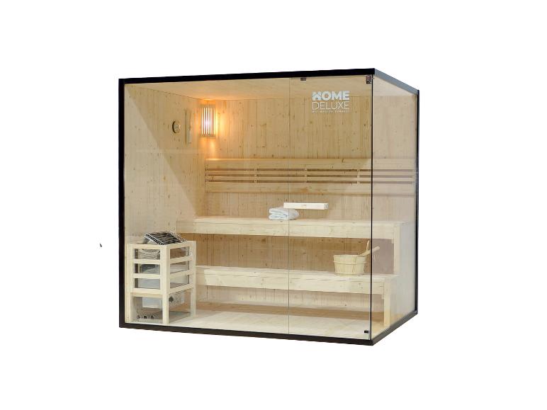Home Deluxe Sauna mit Glastüren, Holzbänken und Heizung.
