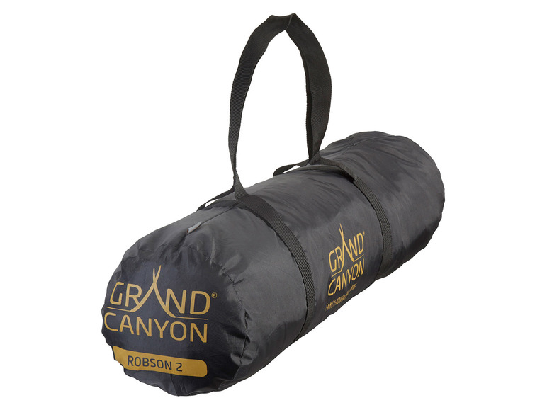 Ein schwarzes Grand Canyon Robson 2 Zelt in einer Tragetasche.
