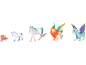 Bunte Fantasy-Figuren: ein Baby-Greif, ein Einhorn, ein erwachsenes Einhorn, ein Greif und ein Drache.