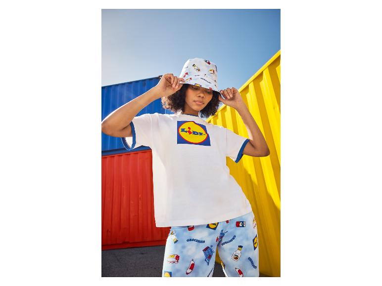 Lidl T-Shirt und Bucket Hat, Leggings mit Lebensmittelprint.