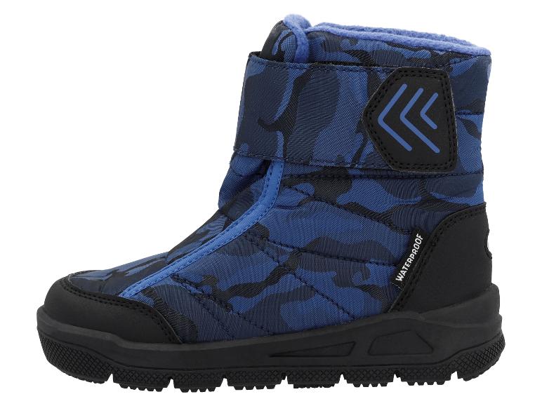 Wasserdichte Winterstiefel für Kinder mit blauem Camouflage-Muster und Klettverschluss.