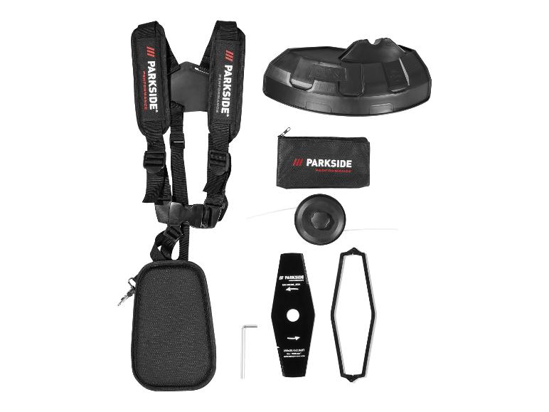 Parkside Performance Trimmer-Set mit Gurt, Schutz, Faden und Klinge.