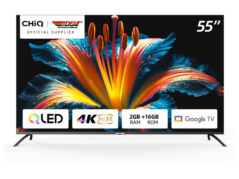 55 Zoll QLED-Fernseher mit 4K HDR, Google TV und einem Bild einer Blume.
