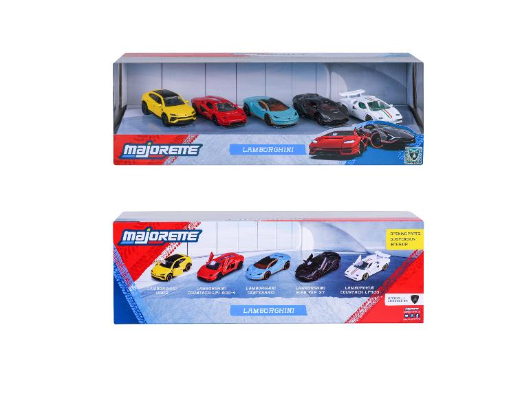Zwei Sets Majorette Lamborghini Spielzeugautos, die verschiedene Modelle zeigen.