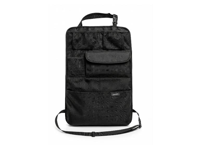 Schwarzer Autositz-Organizer mit Netztaschen und Fächern.
