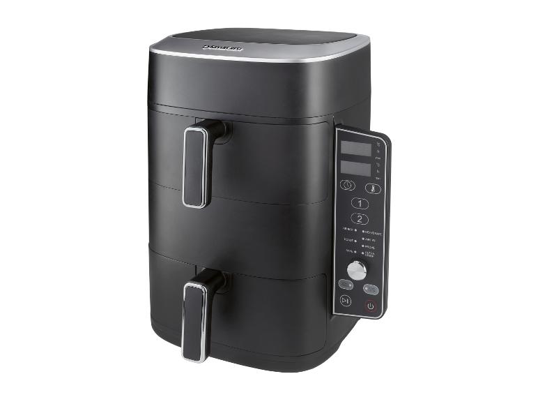 Schwarze Doppel-Heißluftfritteuse mit Digitalanzeige und mehreren Kochfunktionen.