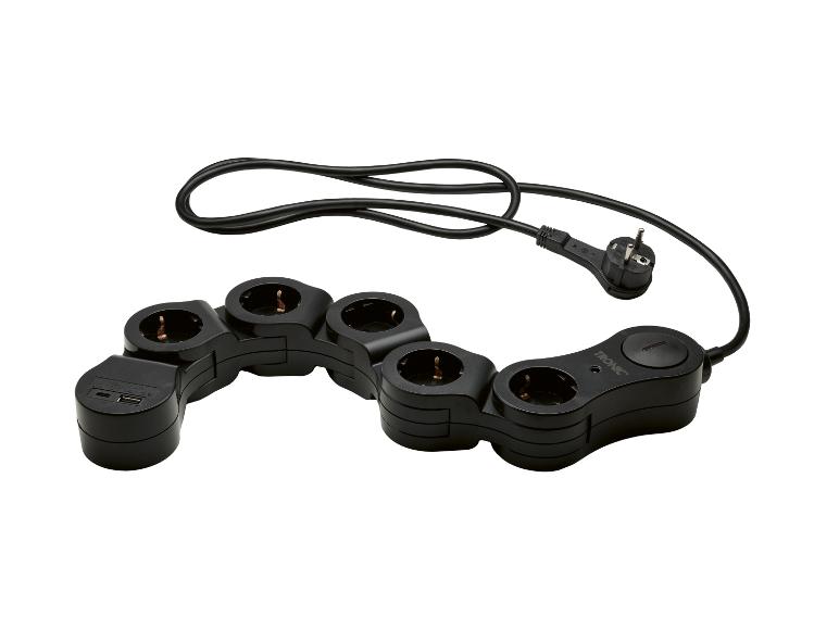 Schwarzes Tronic Verlängerungskabel mit 6 Steckdosen und 1 USB-Anschluss.