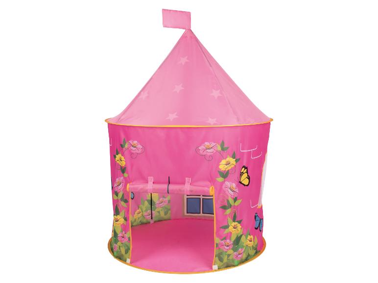Rosa Kinderspielzelt in Schlossform, mit Blumen- und Schmetterlingsmustern.