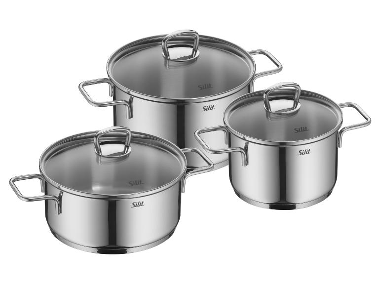Drei Silit Edelstahltöpfe mit Glasdeckeln.