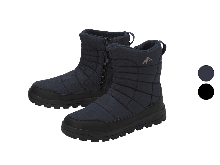 Dunkelblaue Schneestiefel mit Reißverschluss und Bergmotiv.